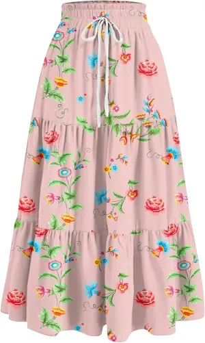 Maxi Skirt for Women 2025 Summer Floral Ankle Length Skirt High Waisted A Line Shirring Pleated Skirt