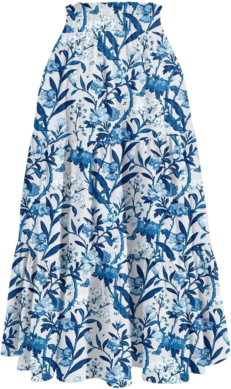 Maxi Skirt for Women 2025 Summer Floral Ankle Length Skirt High Waisted A Line Shirring Pleated Skirt