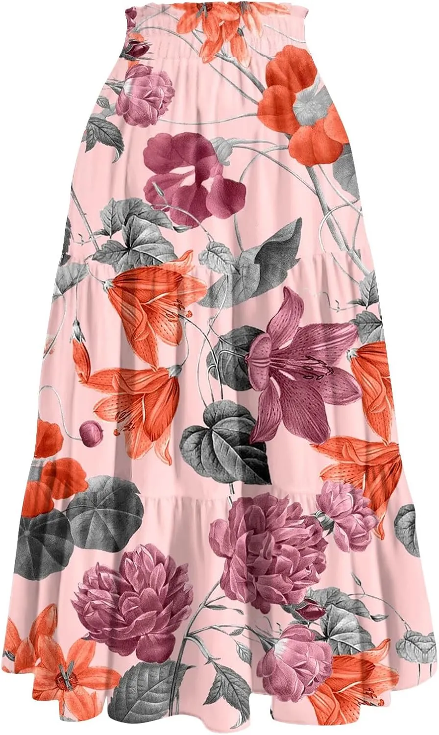 Maxi Skirt for Women 2025 Summer Floral Ankle Length Skirt High Waisted A Line Shirring Pleated Skirt