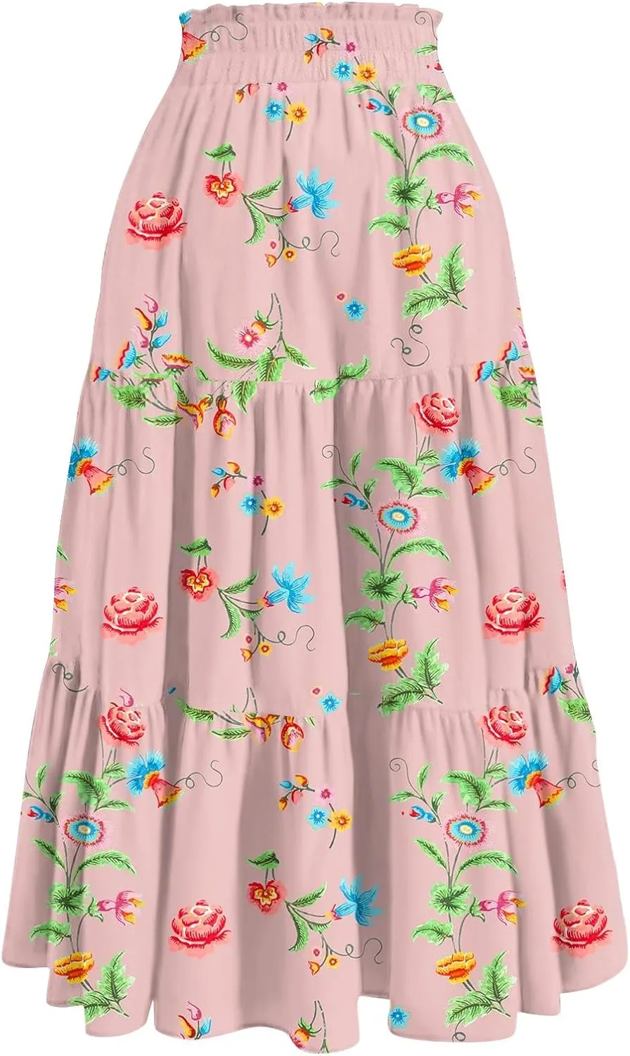 Maxi Skirt for Women 2025 Summer Floral Ankle Length Skirt High Waisted A Line Shirring Pleated Skirt