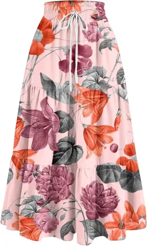 Maxi Skirt for Women 2025 Summer Floral Ankle Length Skirt High Waisted A Line Shirring Pleated Skirt