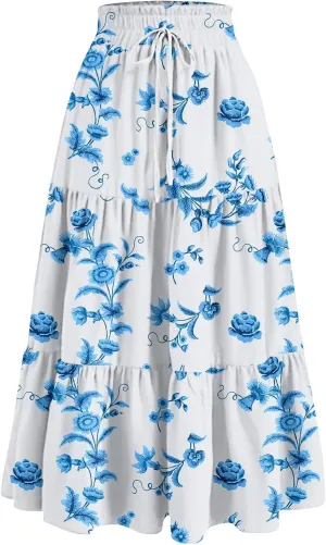 Maxi Skirt for Women 2025 Summer Floral Ankle Length Skirt High Waisted A Line Shirring Pleated Skirt