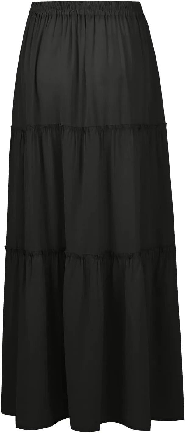 Maxi Skirt for Women 2025 Summer Layered Tiered Elastic Skirt Ruffle A Line Skirts Long Bohemian Skirts with Pockets