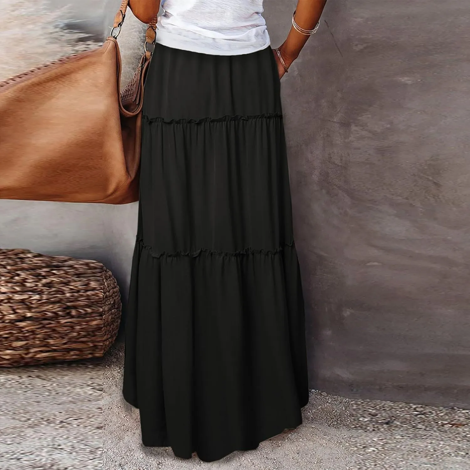 Maxi Skirt for Women 2025 Summer Layered Tiered Elastic Skirt Ruffle A Line Skirts Long Bohemian Skirts with Pockets