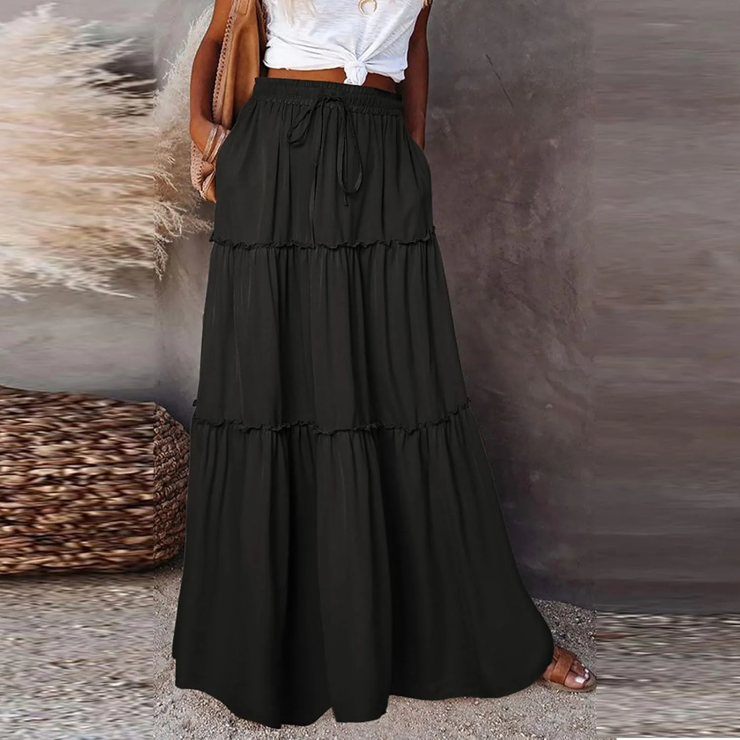 Maxi Skirt for Women 2025 Summer Layered Tiered Elastic Skirt Ruffle A Line Skirts Long Bohemian Skirts with Pockets