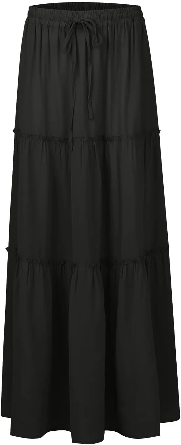 Maxi Skirt for Women 2025 Summer Layered Tiered Elastic Skirt Ruffle A Line Skirts Long Bohemian Skirts with Pockets