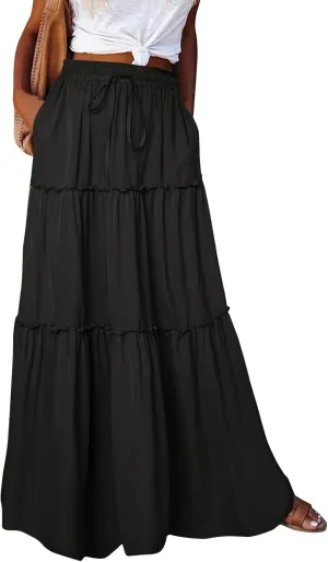 Maxi Skirt for Women 2025 Summer Layered Tiered Elastic Skirt Ruffle A Line Skirts Long Bohemian Skirts with Pockets