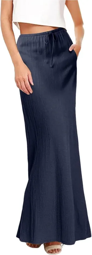 Maxi Skirt for Women Daily Casual Elegant Solid Color A Skirts Vintage Elastic Waist Skirt 2025 Summer Trendy