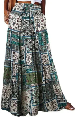 Maxi Skirts for Women Drawstring Elastic Waisted Tiered Pleated Long Floral Skirt Flowy Casual Womens Summer Skirts