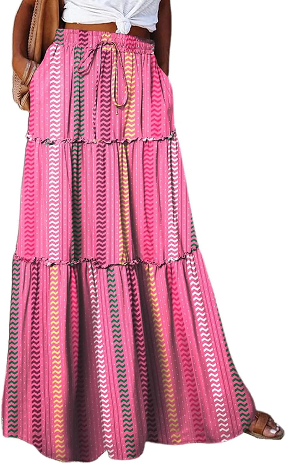 Maxi Skirts for Women Drawstring Elastic Waisted Tiered Pleated Long Floral Skirt Flowy Casual Womens Summer Skirts