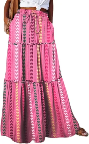 Maxi Skirts for Women Drawstring Elastic Waisted Tiered Pleated Long Floral Skirt Flowy Casual Womens Summer Skirts