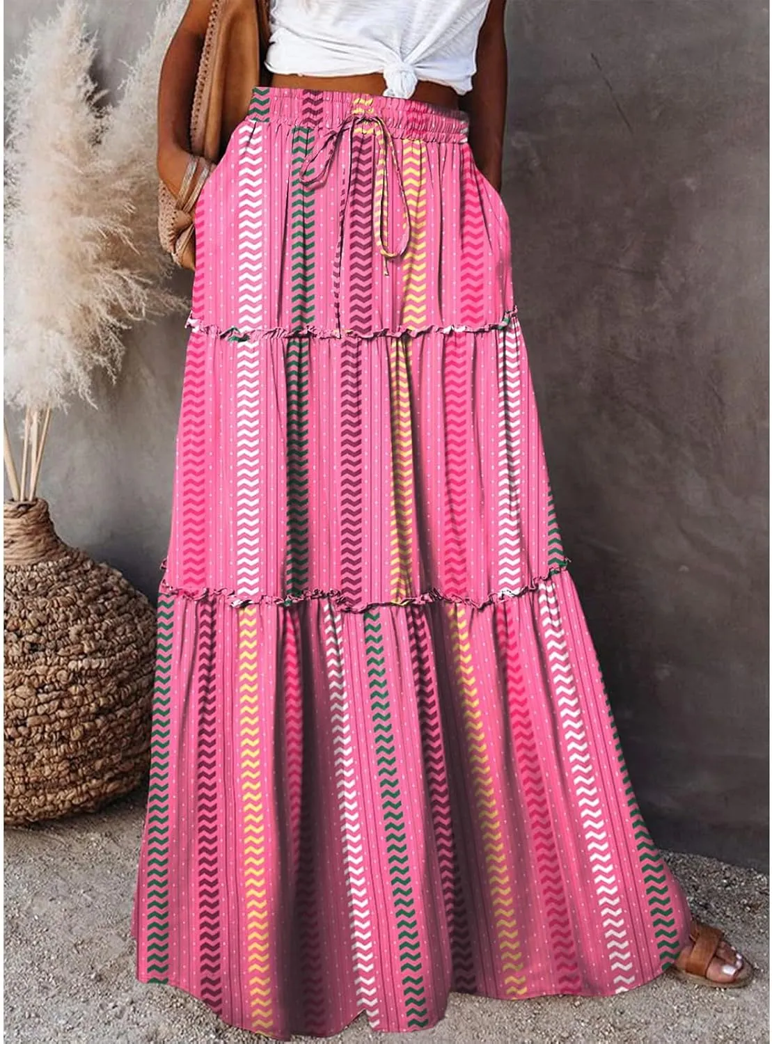 Maxi Skirts for Women Drawstring Elastic Waisted Tiered Pleated Long Floral Skirt Flowy Casual Womens Summer Skirts
