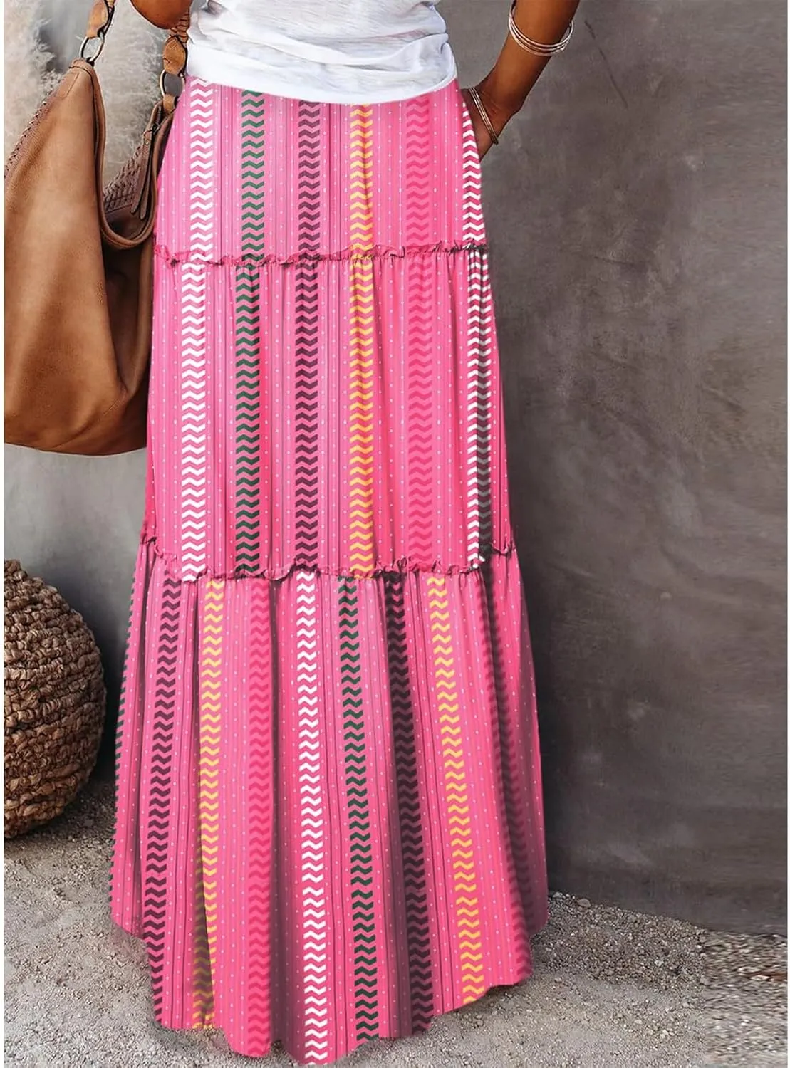 Maxi Skirts for Women Drawstring Elastic Waisted Tiered Pleated Long Floral Skirt Flowy Casual Womens Summer Skirts