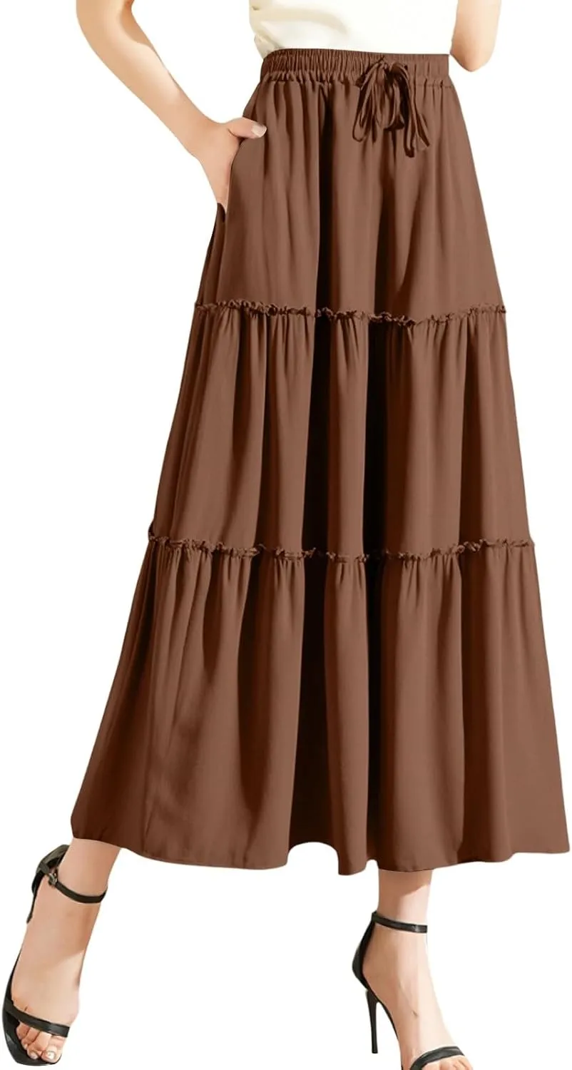 Maxi Skirts for Women Flowy Boho with Pockets A-Line Ruffle Tiered Elastic High Waist Summer Skirts 2025 Vacation