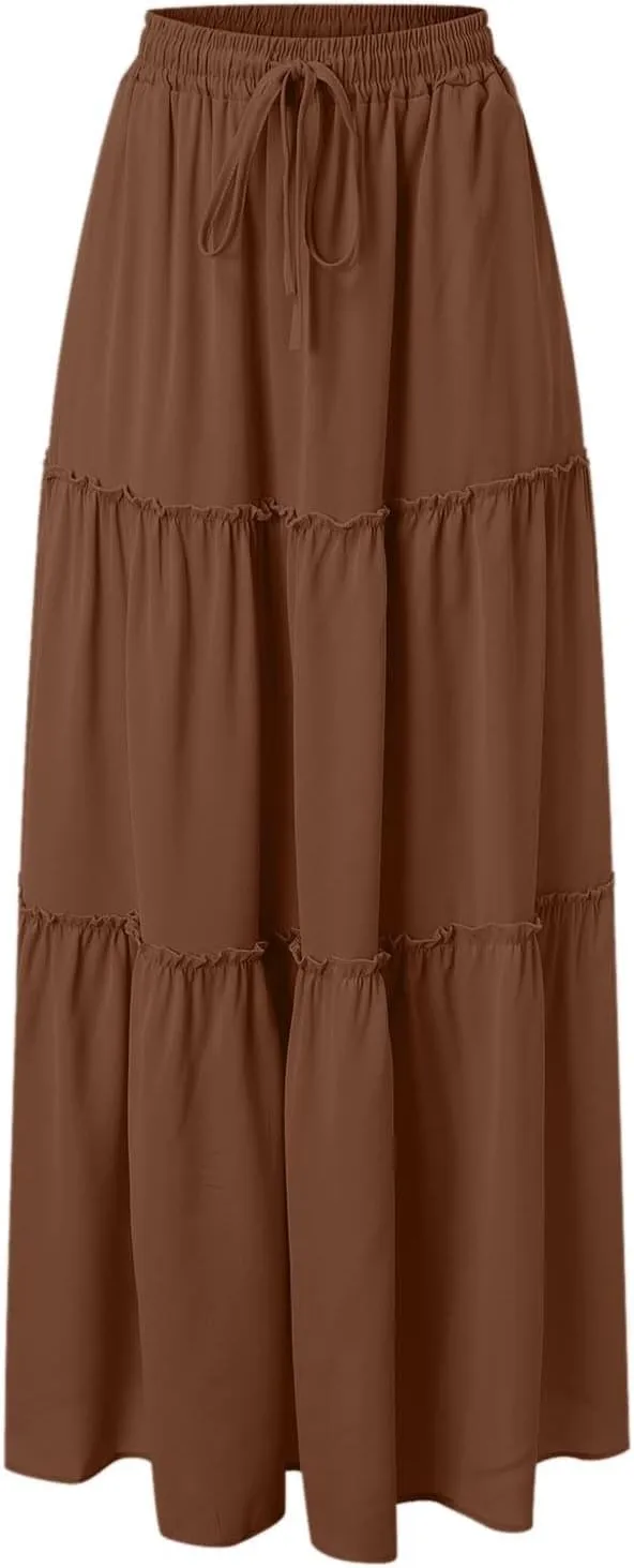 Maxi Skirts for Women Flowy Boho with Pockets A-Line Ruffle Tiered Elastic High Waist Summer Skirts 2025 Vacation