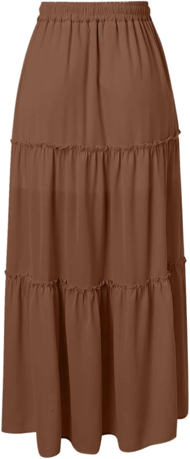 Maxi Skirts for Women Flowy Boho with Pockets A-Line Ruffle Tiered Elastic High Waist Summer Skirts 2025 Vacation