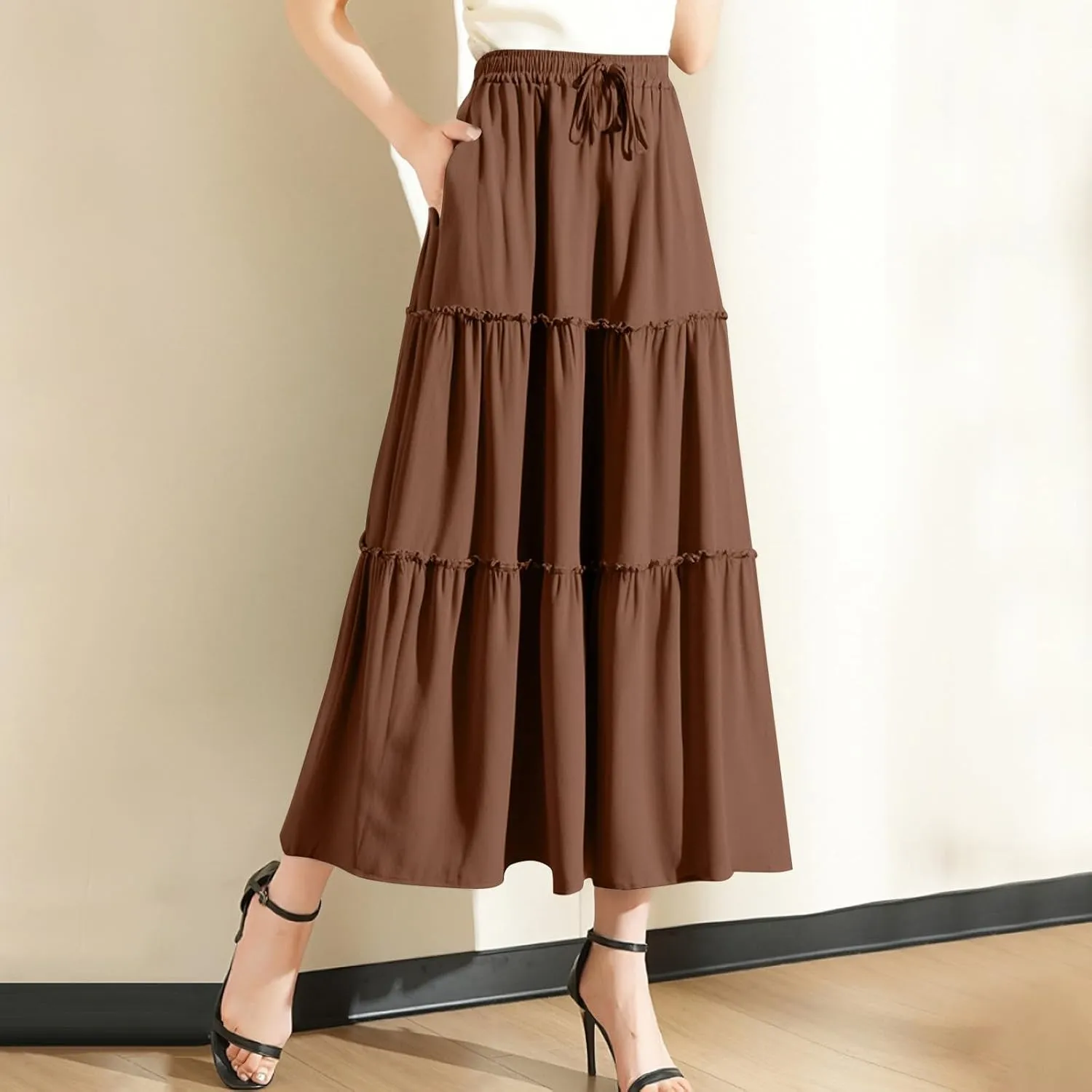 Maxi Skirts for Women Flowy Boho with Pockets A-Line Ruffle Tiered Elastic High Waist Summer Skirts 2025 Vacation