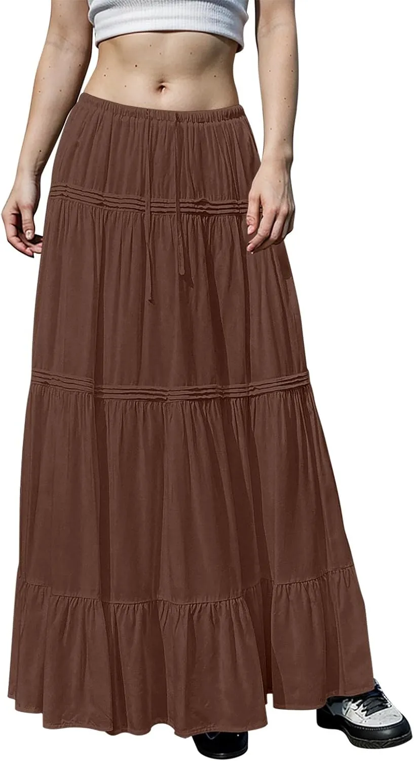 Maxi Skirts for Women Trendy Drawstring High Waisted Flowy Tiered Linen Skirt Pleated Ruffled A-Line Long Skirts