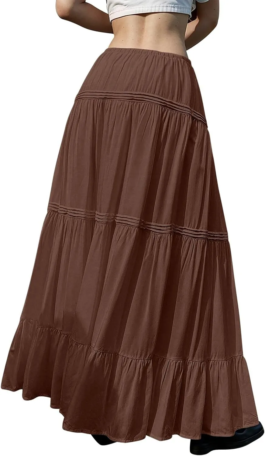 Maxi Skirts for Women Trendy Drawstring High Waisted Flowy Tiered Linen Skirt Pleated Ruffled A-Line Long Skirts