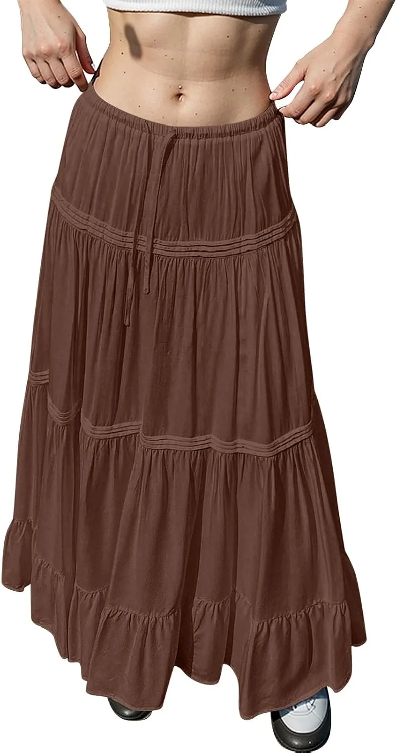Maxi Skirts for Women Trendy Drawstring High Waisted Flowy Tiered Linen Skirt Pleated Ruffled A-Line Long Skirts
