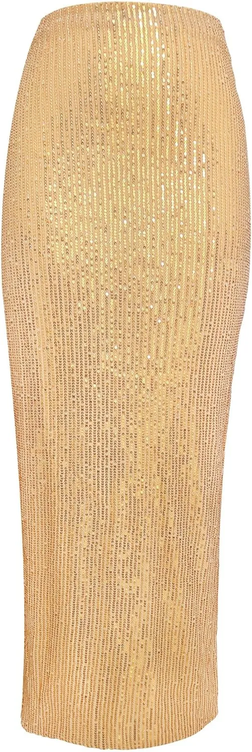 Melliflo Women's Sequin Long Skirt Low Waist Back Split Pencil Maxi Skirts Night Out Party Sparkly Skirts