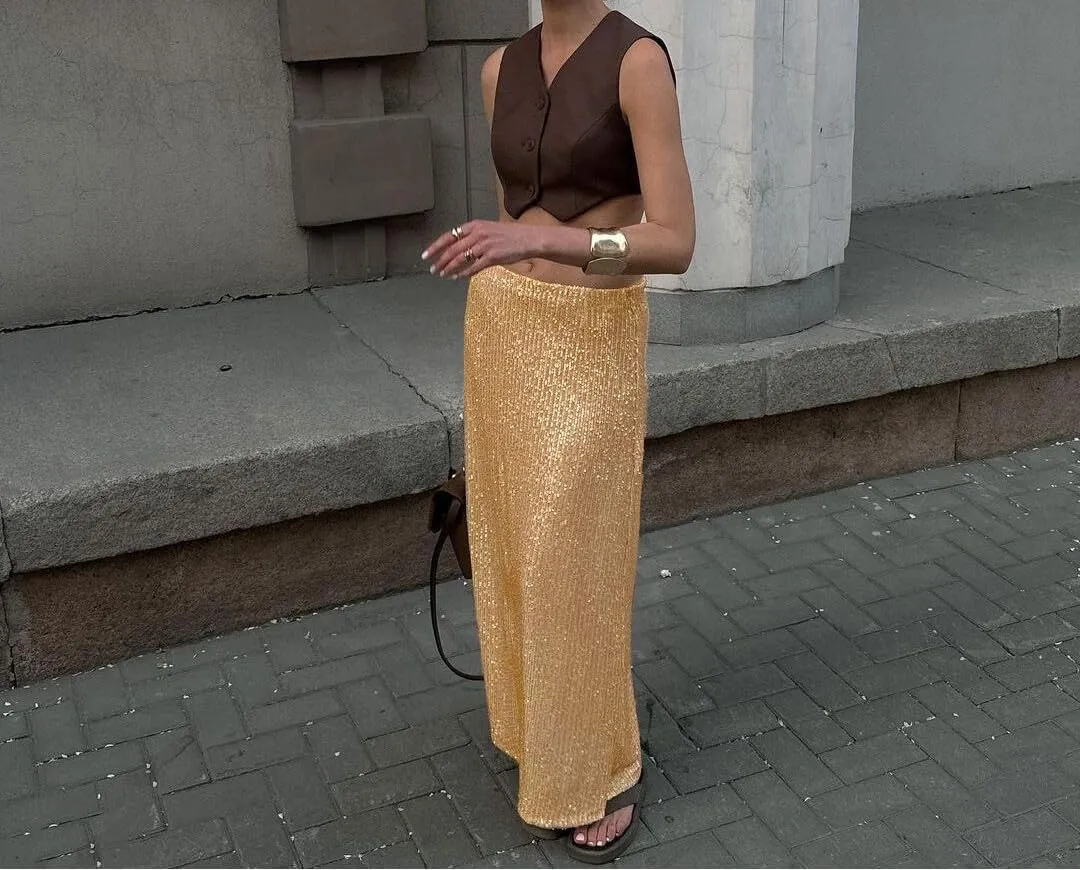 Melliflo Women's Sequin Long Skirt Low Waist Back Split Pencil Maxi Skirts Night Out Party Sparkly Skirts