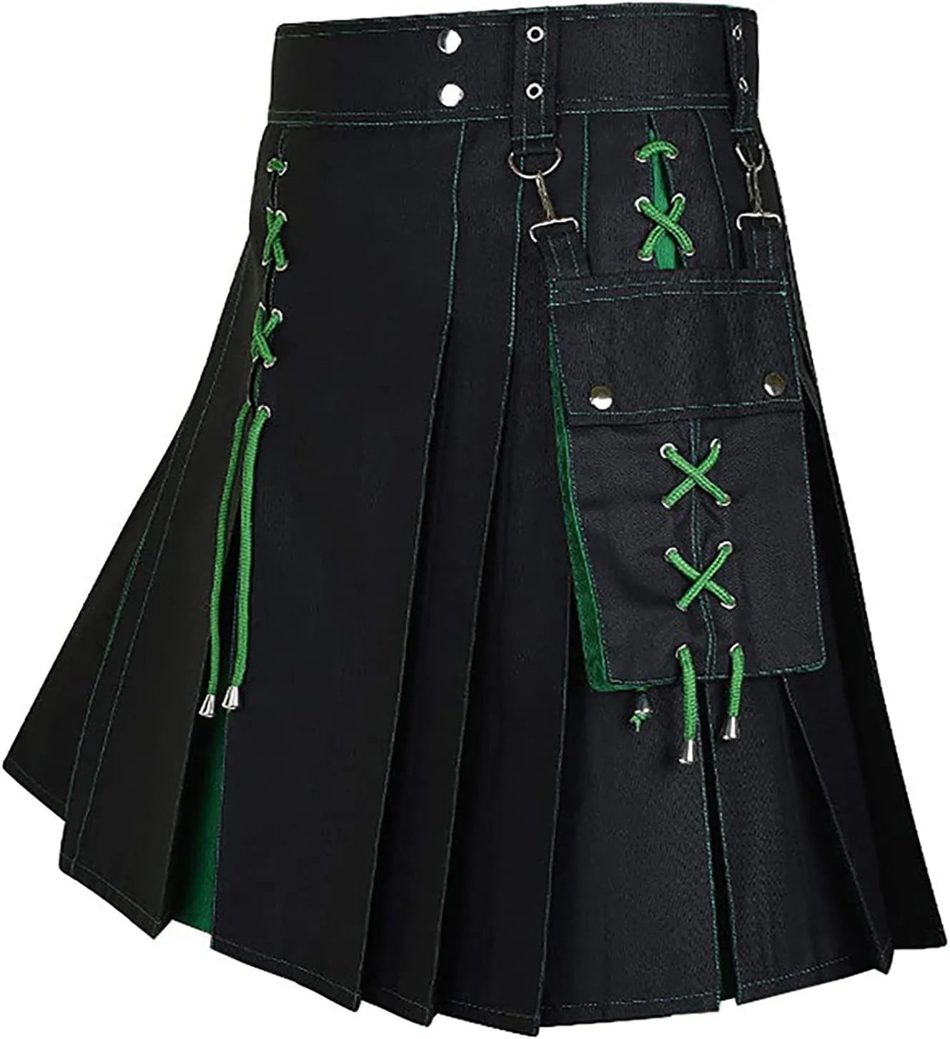 Mens Fashion Casual Scottish Plaid Contrast Pocket Pleated Skirt Mens Kilts Utility Kilt Accessories Leather Men
