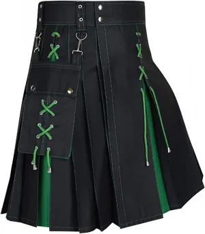 Mens Fashion Casual Scottish Plaid Contrast Pocket Pleated Skirt Mens Kilts Utility Kilt Accessories Leather Men