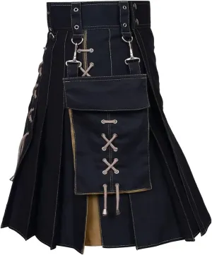 Mens Fashion Casual Scottish Plaid Contrast Pocket Pleated Skirt Mens Kilts Utility Kilt Accessories Leather Men