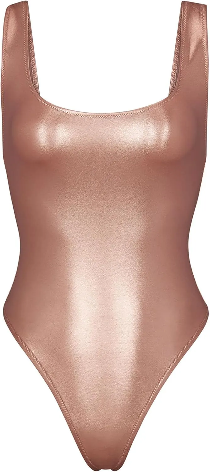Metallic Swimwear for Women, Retro 70s One Piece Shiny Bathing Suit High Cut Rave Wear Disco Bodysuit
