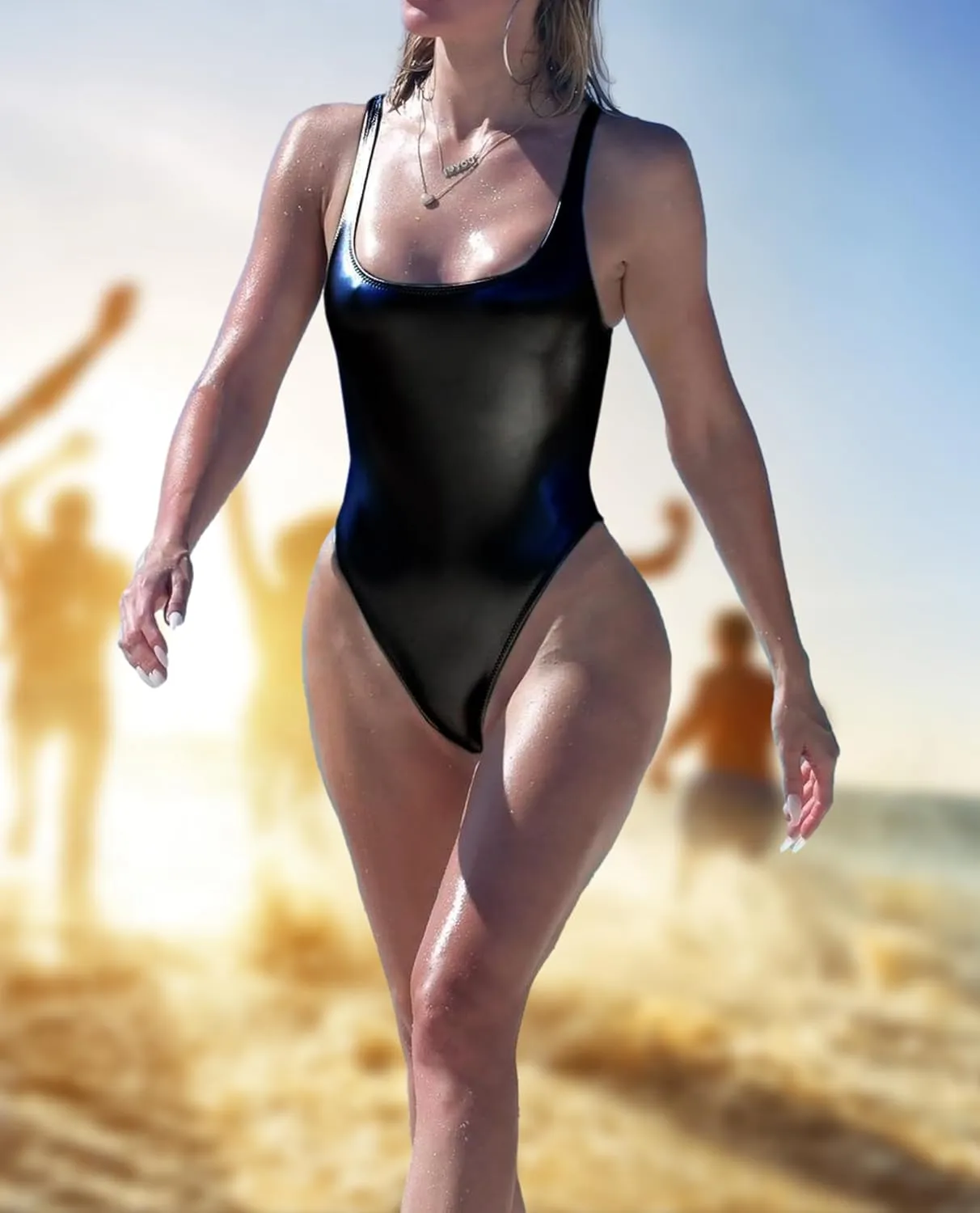 Metallic Swimwear for Women, Retro 70s One Piece Shiny Bathing Suit High Cut Rave Wear Disco Bodysuit