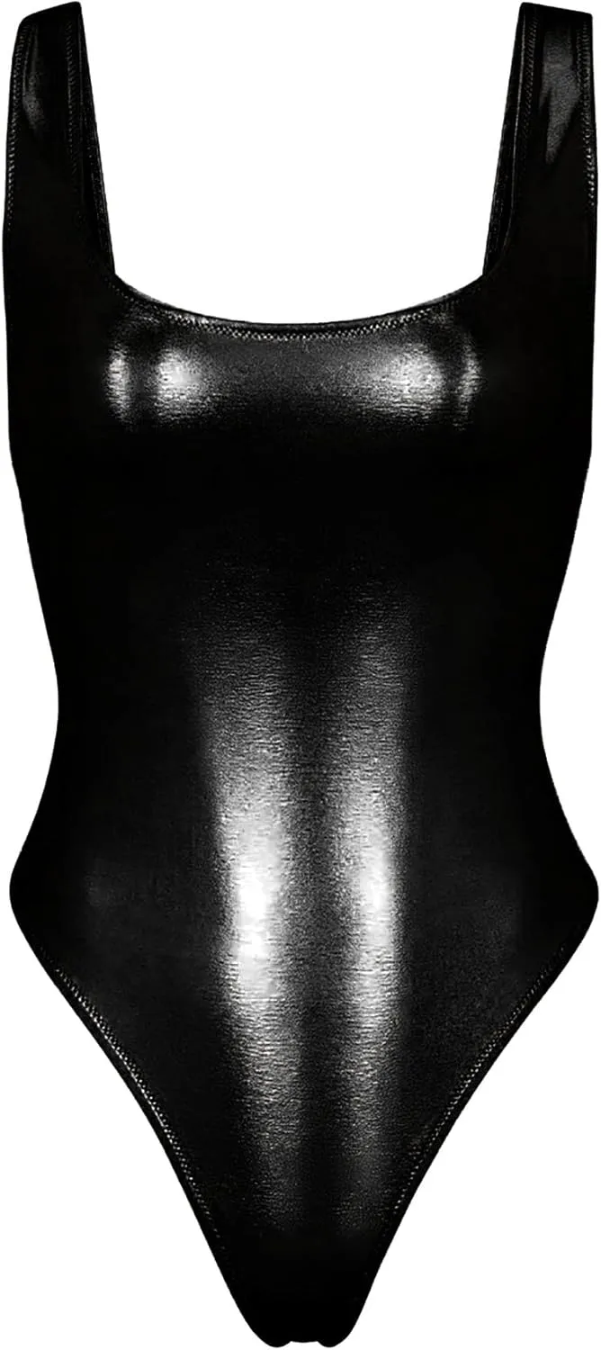 Metallic Swimwear for Women, Retro 70s One Piece Shiny Bathing Suit High Cut Rave Wear Disco Bodysuit