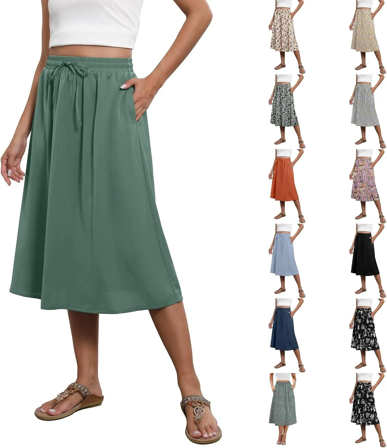 Midi Skirts for Women Knee Length Drawstring High Waisted Boho Floral Skirts Flowy A-Line Beach Skirt with Pockets
