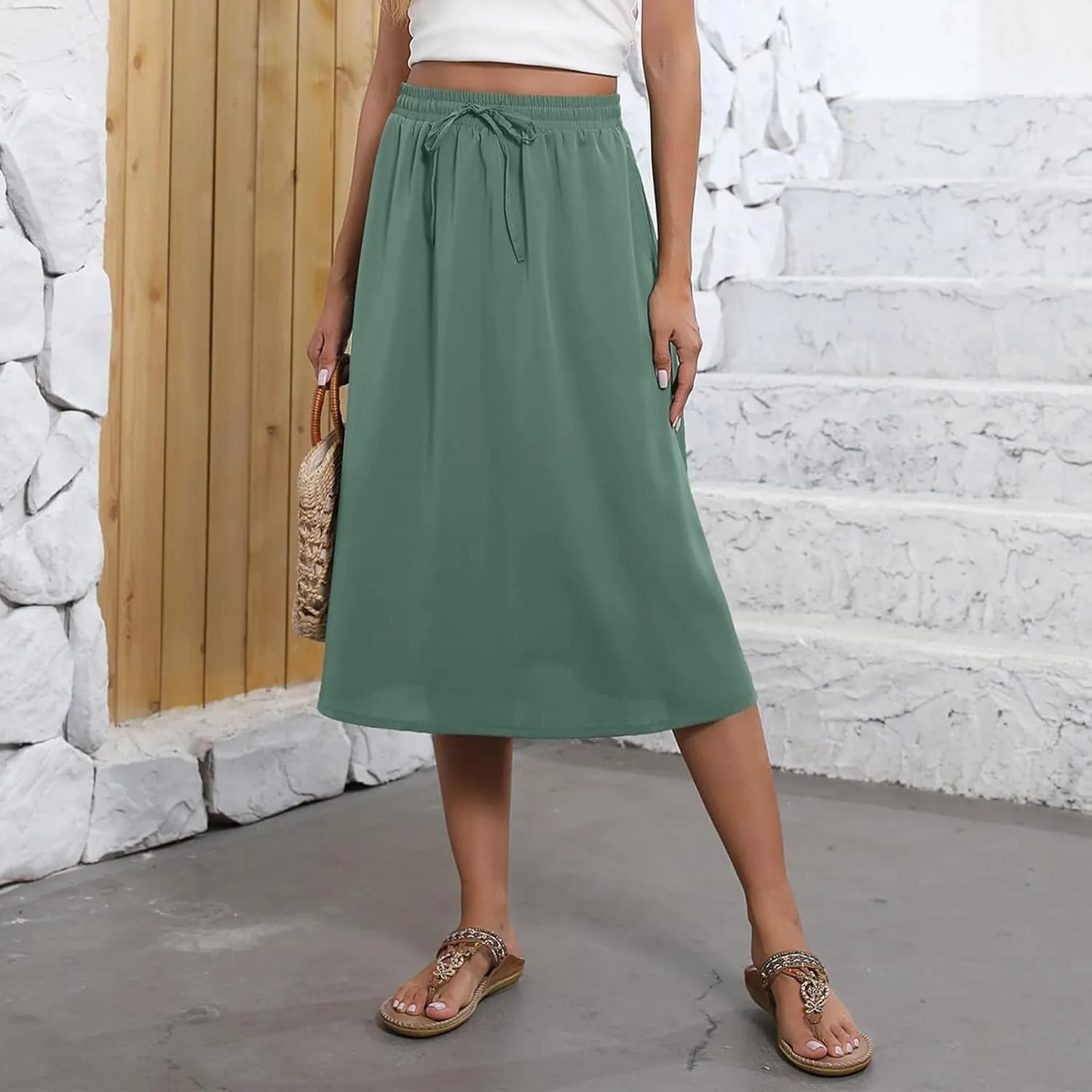 Midi Skirts for Women Knee Length Drawstring High Waisted Boho Floral Skirts Flowy A-Line Beach Skirt with Pockets