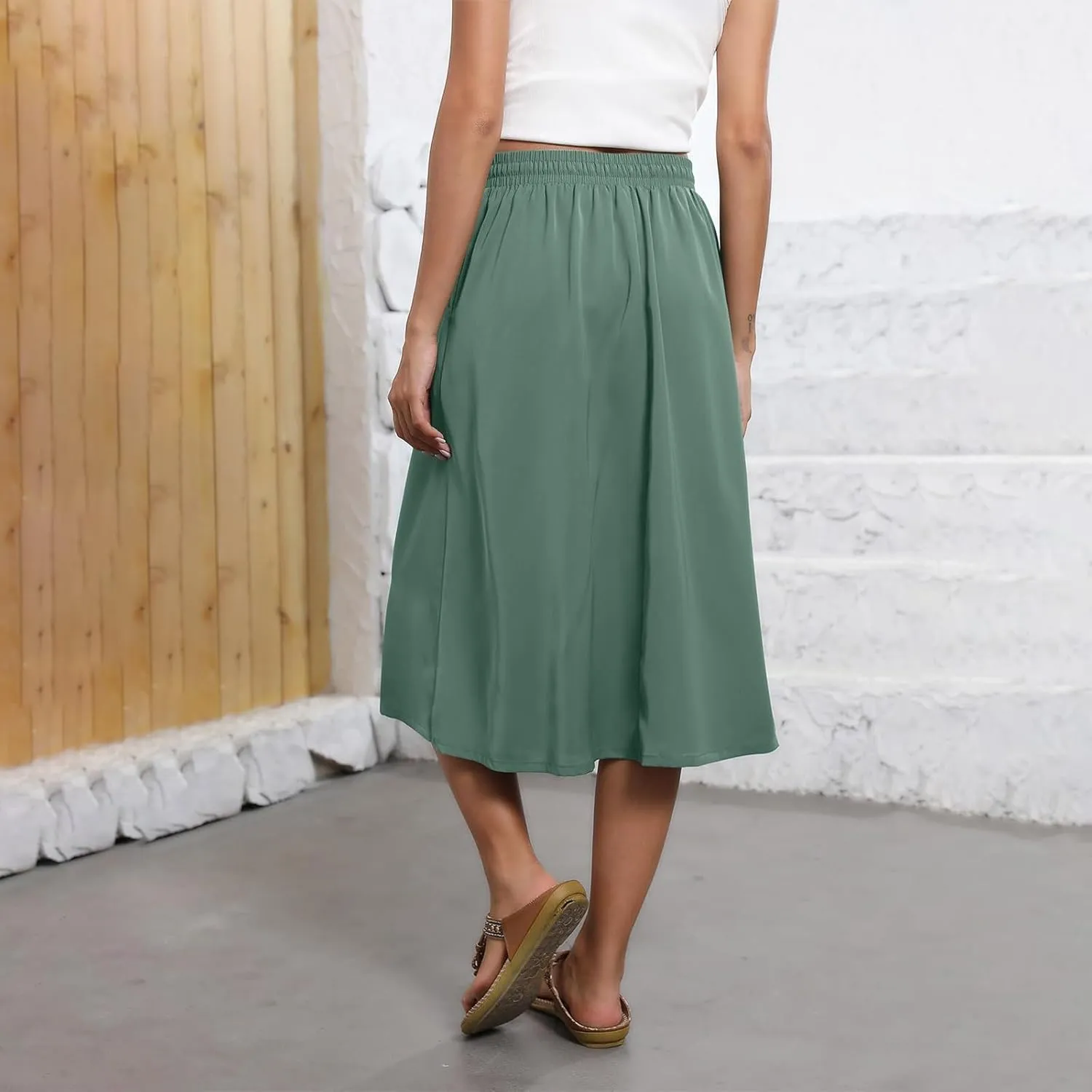 Midi Skirts for Women Knee Length Drawstring High Waisted Boho Floral Skirts Flowy A-Line Beach Skirt with Pockets