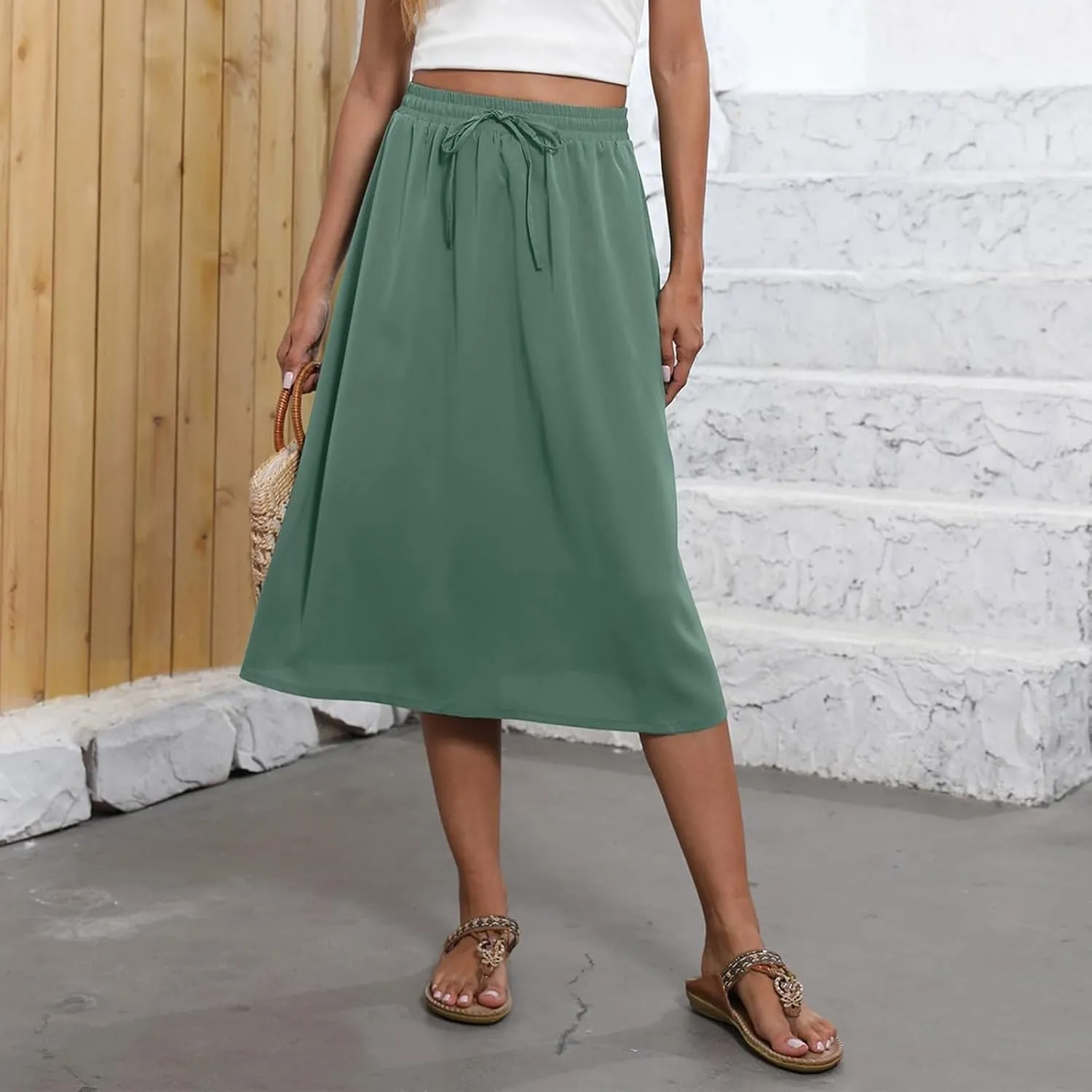 Midi Skirts for Women Knee Length Drawstring High Waisted Boho Floral Skirts Flowy A-Line Beach Skirt with Pockets