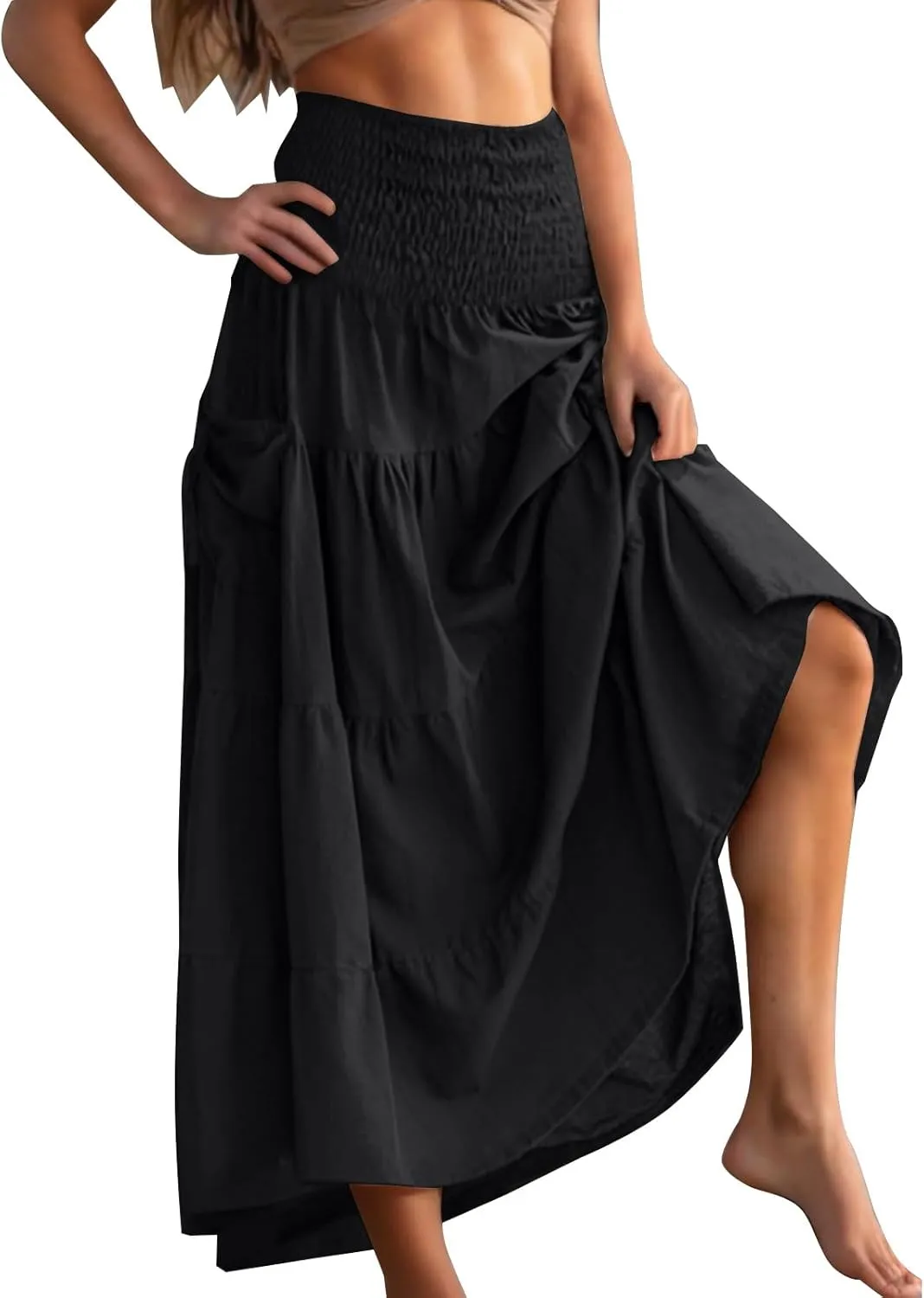 Midi Skirts for Women Pleated Tiered Long Flowy Skirt Elastic Waist Summer Boho Casual Loose Layered Ruffle Skirt