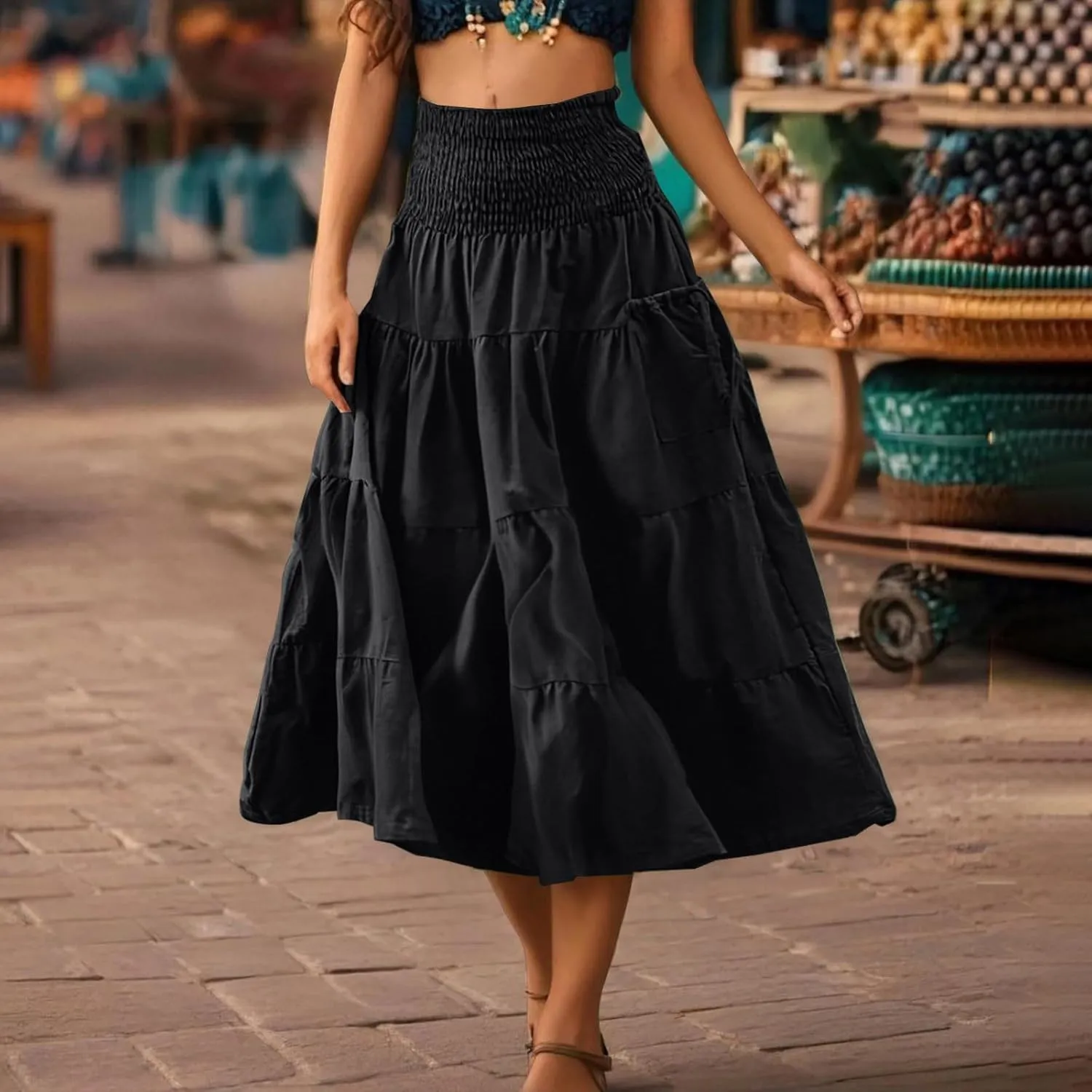 Midi Skirts for Women Pleated Tiered Long Flowy Skirt Elastic Waist Summer Boho Casual Loose Layered Ruffle Skirt