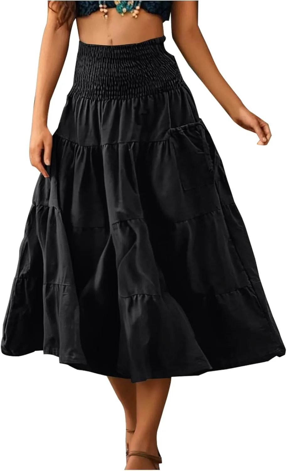 Midi Skirts for Women Pleated Tiered Long Flowy Skirt Elastic Waist Summer Boho Casual Loose Layered Ruffle Skirt