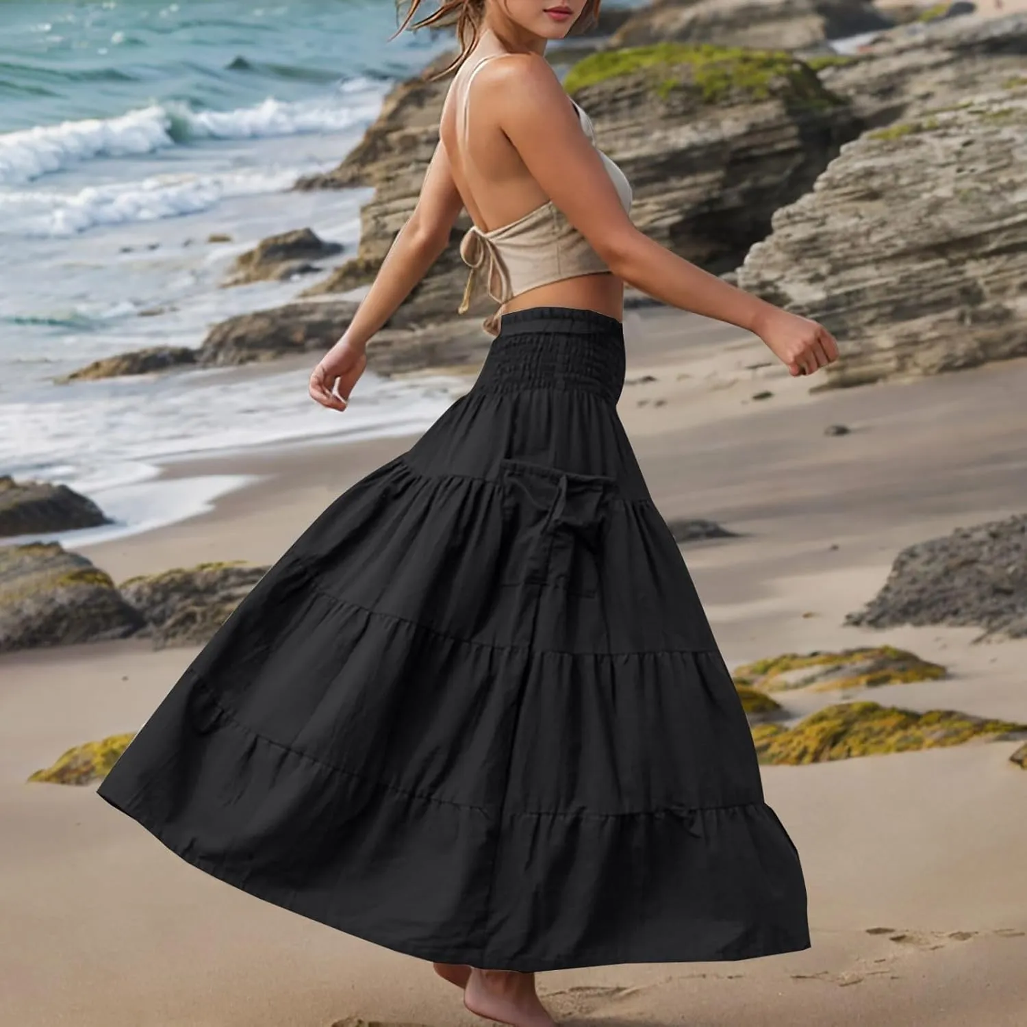 Midi Skirts for Women Pleated Tiered Long Flowy Skirt Elastic Waist Summer Boho Casual Loose Layered Ruffle Skirt