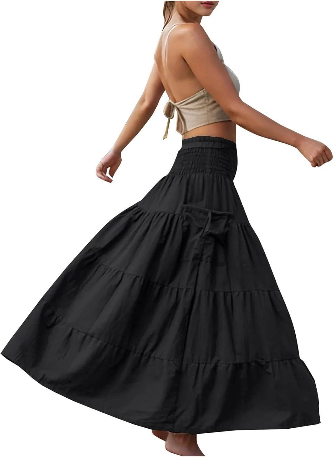 Midi Skirts for Women Pleated Tiered Long Flowy Skirt Elastic Waist Summer Boho Casual Loose Layered Ruffle Skirt