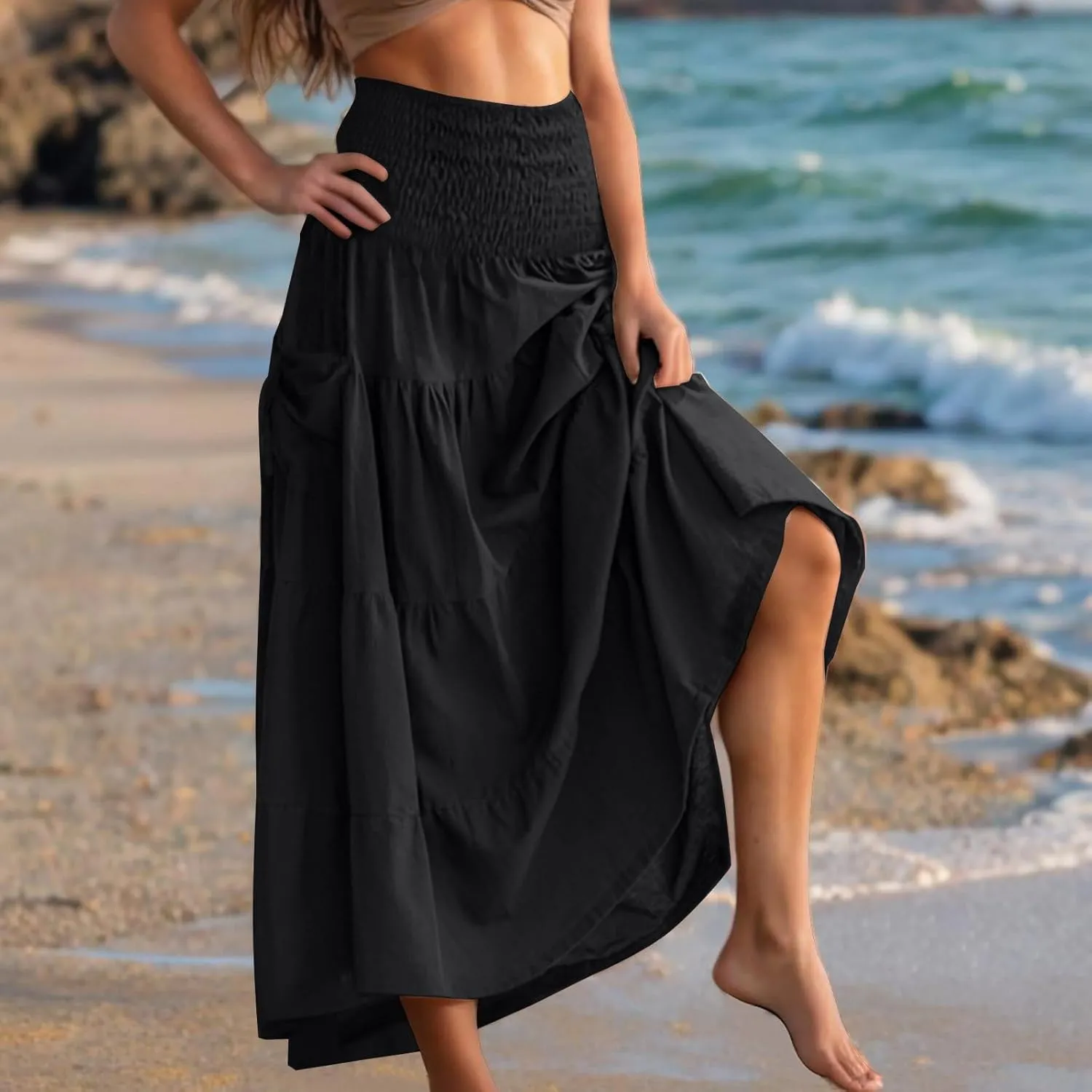 Midi Skirts for Women Pleated Tiered Long Flowy Skirt Elastic Waist Summer Boho Casual Loose Layered Ruffle Skirt