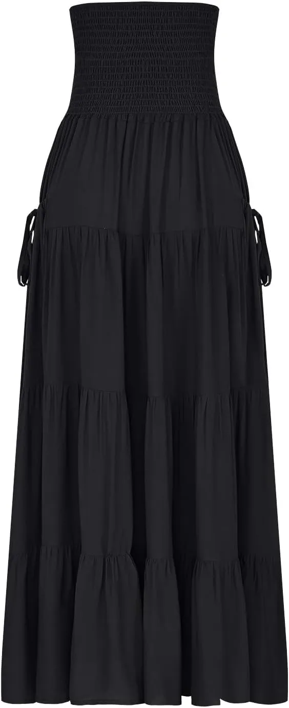 Midi Skirts for Women Pleated Tiered Long Flowy Skirt Elastic Waist Summer Boho Casual Loose Layered Ruffle Skirt
