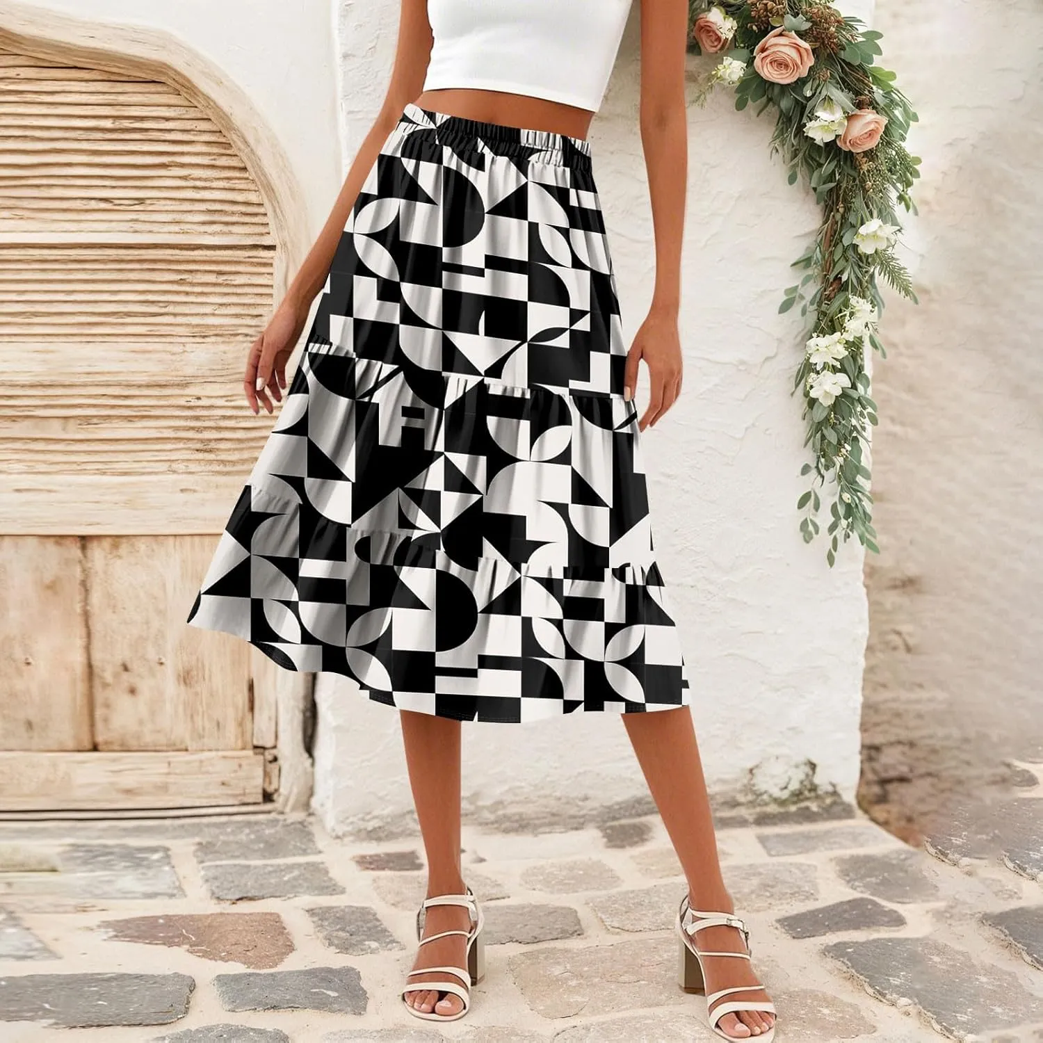 Midi Skirts for Women Summer Elastic High Waisted Floral Skirt Trendy Ruffle Tiered Cute Boho Skirt with Pockets