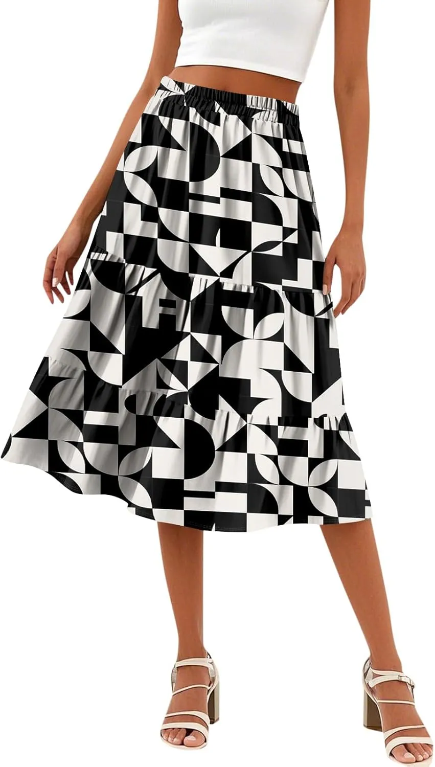 Midi Skirts for Women Summer Elastic High Waisted Floral Skirt Trendy Ruffle Tiered Cute Boho Skirt with Pockets