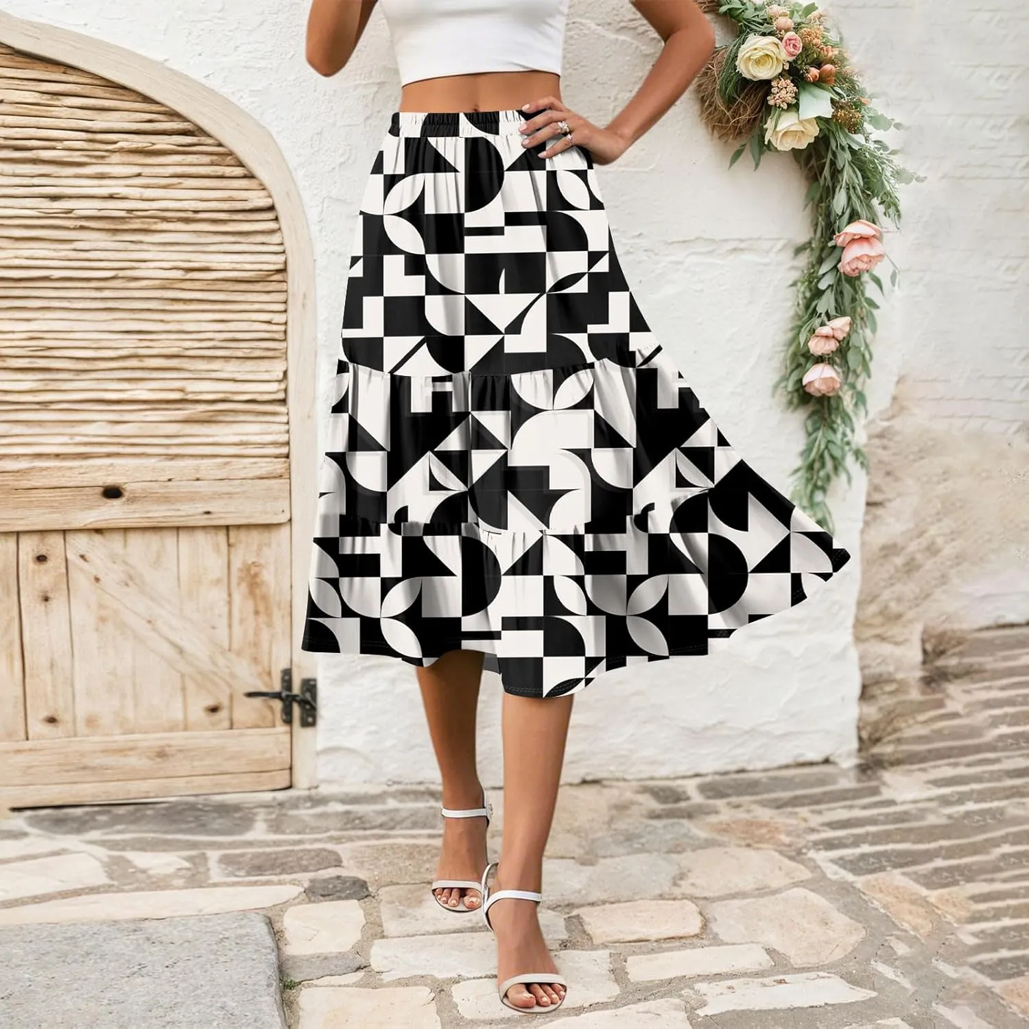 Midi Skirts for Women Summer Elastic High Waisted Floral Skirt Trendy Ruffle Tiered Cute Boho Skirt with Pockets