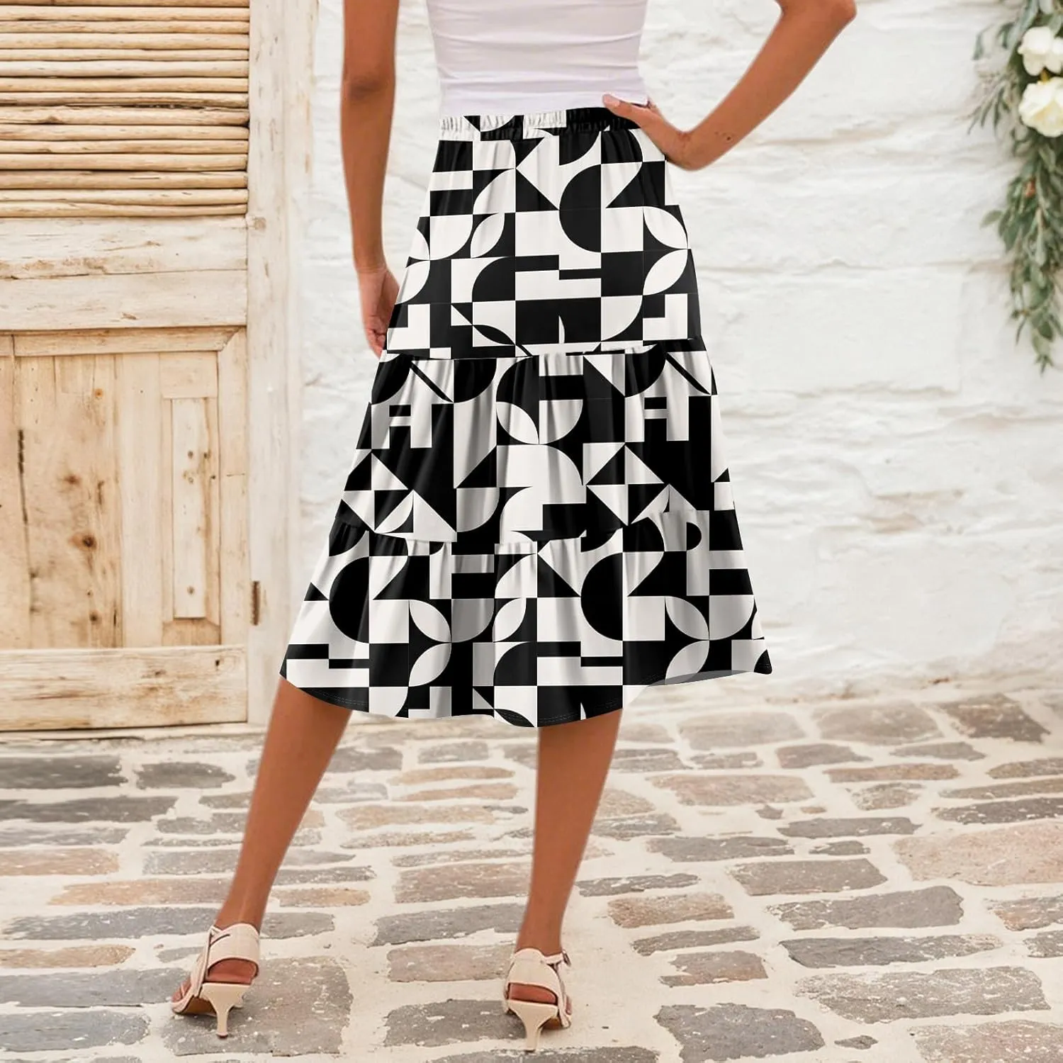 Midi Skirts for Women Summer Elastic High Waisted Floral Skirt Trendy Ruffle Tiered Cute Boho Skirt with Pockets