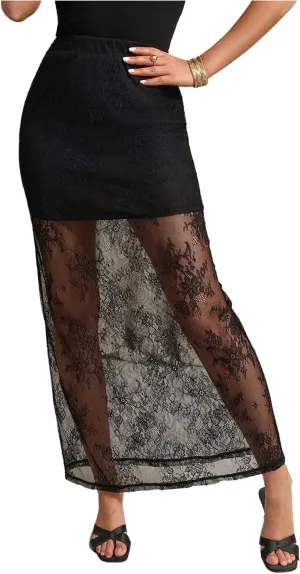 Milumia Women's Sexy Floral Lace Sheer Maxi Skirt Elastic High Waist Flared Long Skirts