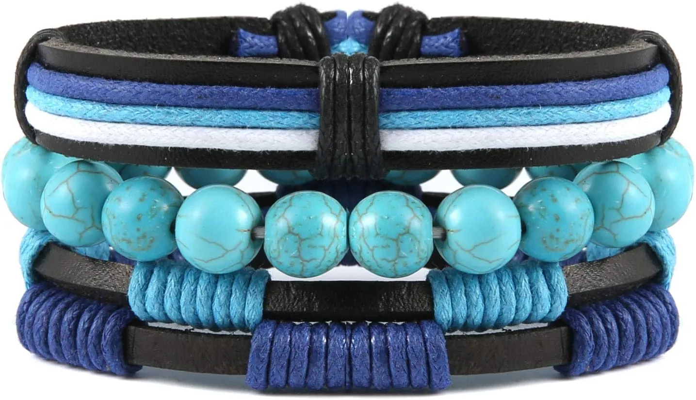 Mix 4 Wrap Bracelets for Mens,Hemp Cords Wood Beads Ethnic Tribal Bracelets