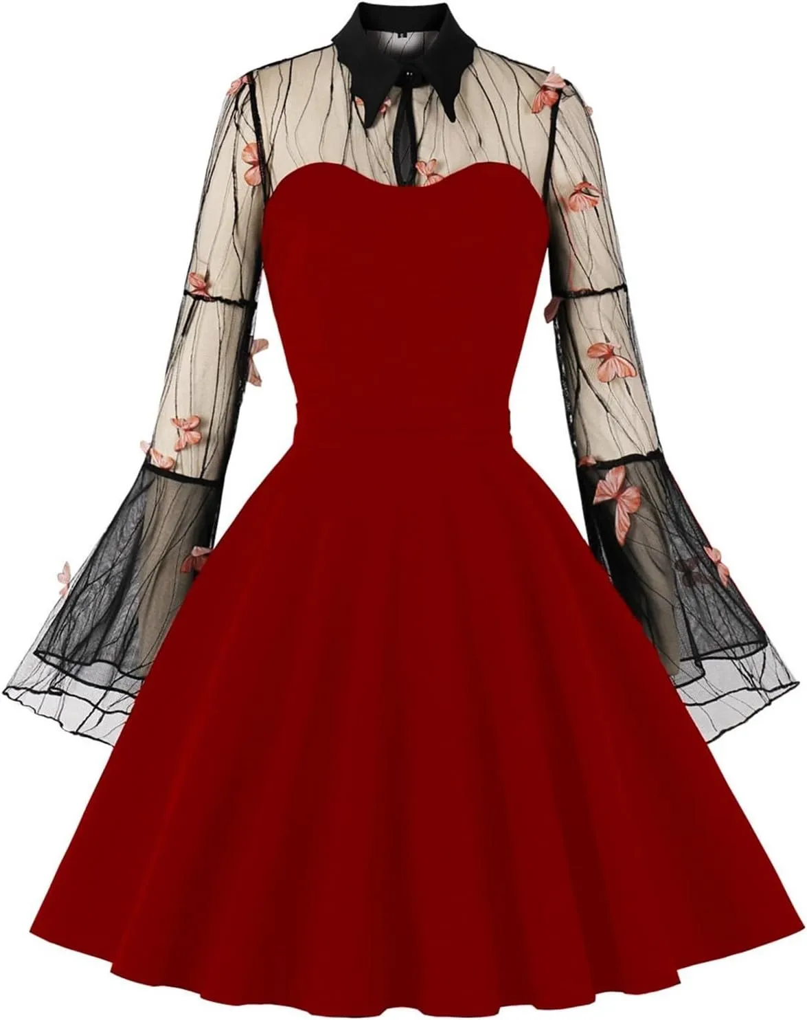 Miyaomn Women Keyhole Butterfly Mesh Bell Sleeve Midi Dress Gothic Cocktail 50s Vintage Lapel Collar Sheer A-Line Swing Dress